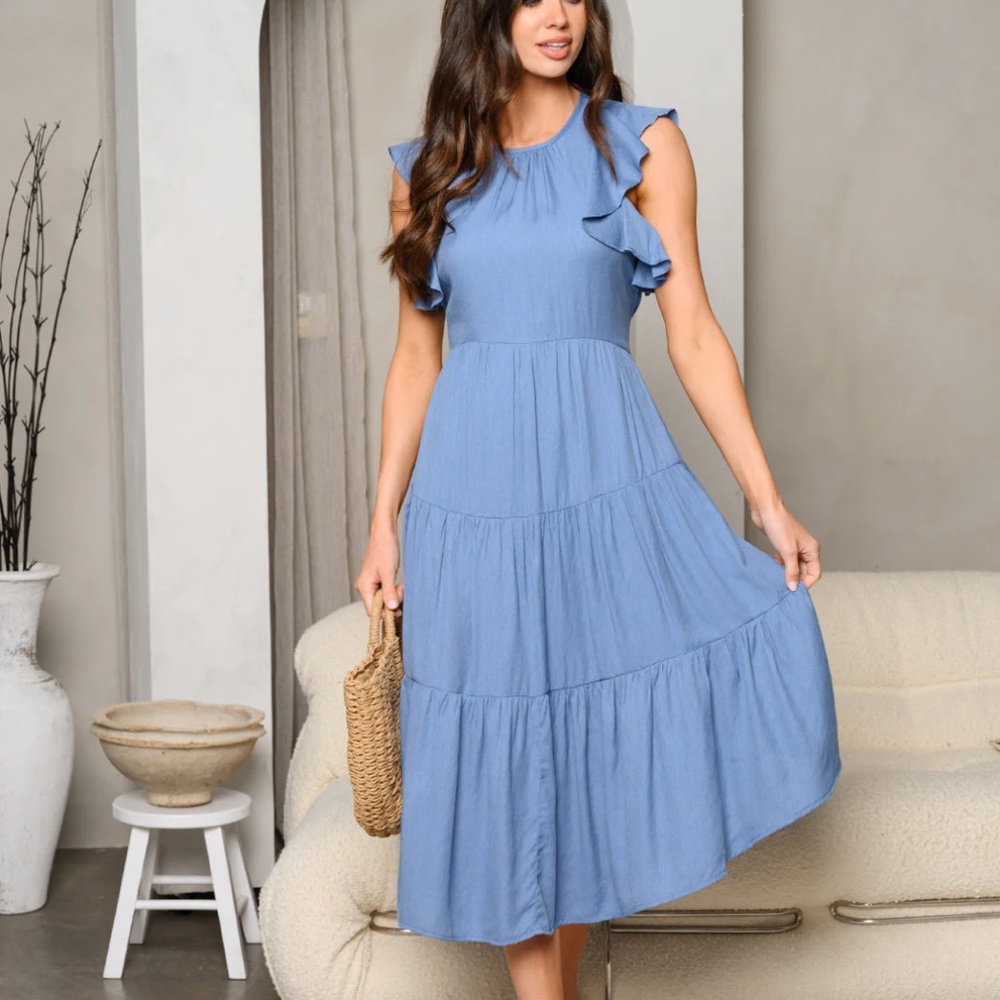 WOMEN'S RUFFLE SLEEVE TIERED MIDI DRESS